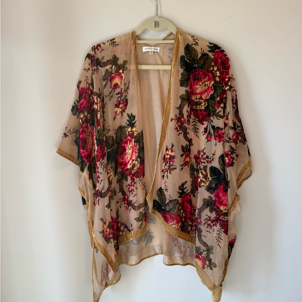Woven Heart Sheer Kimono with Gold and Pink Accents